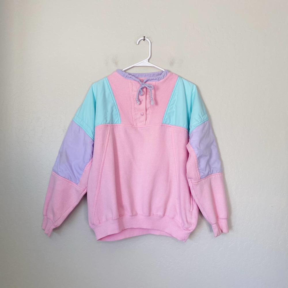 Vintage Pink Purple Teal Pastel Pullover Quarter Snap Sweatshirt Jacket - Picture 2 of 5